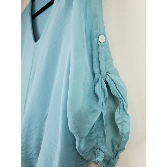 LOLA Made In Italy Womens Top Blue Round Neck Silk Layered Tie Front Flowey - Picture 3 of 9